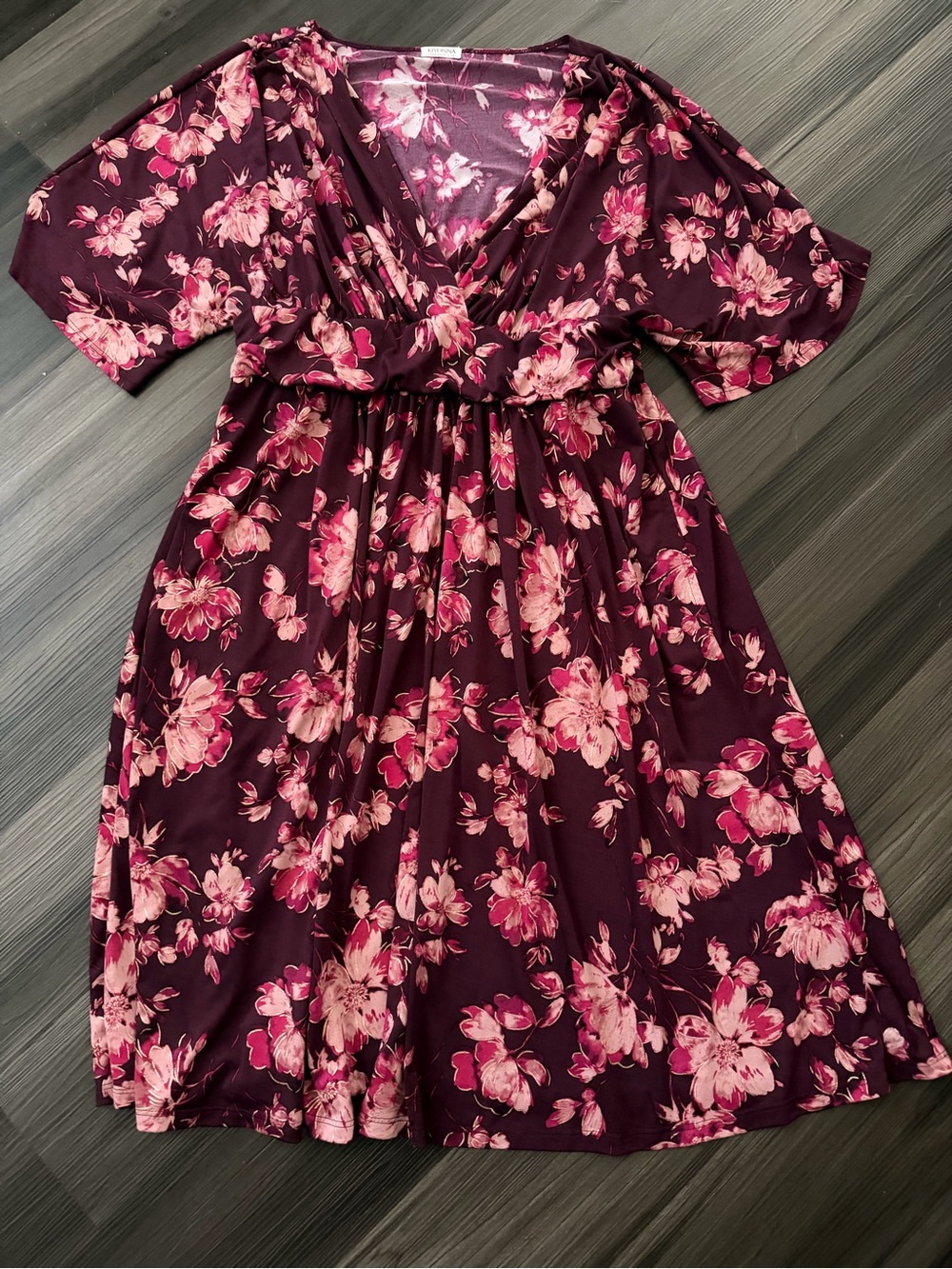 Kiyonna burgundy gold and pink floral midi dress plus size women’s 2X (18-20)